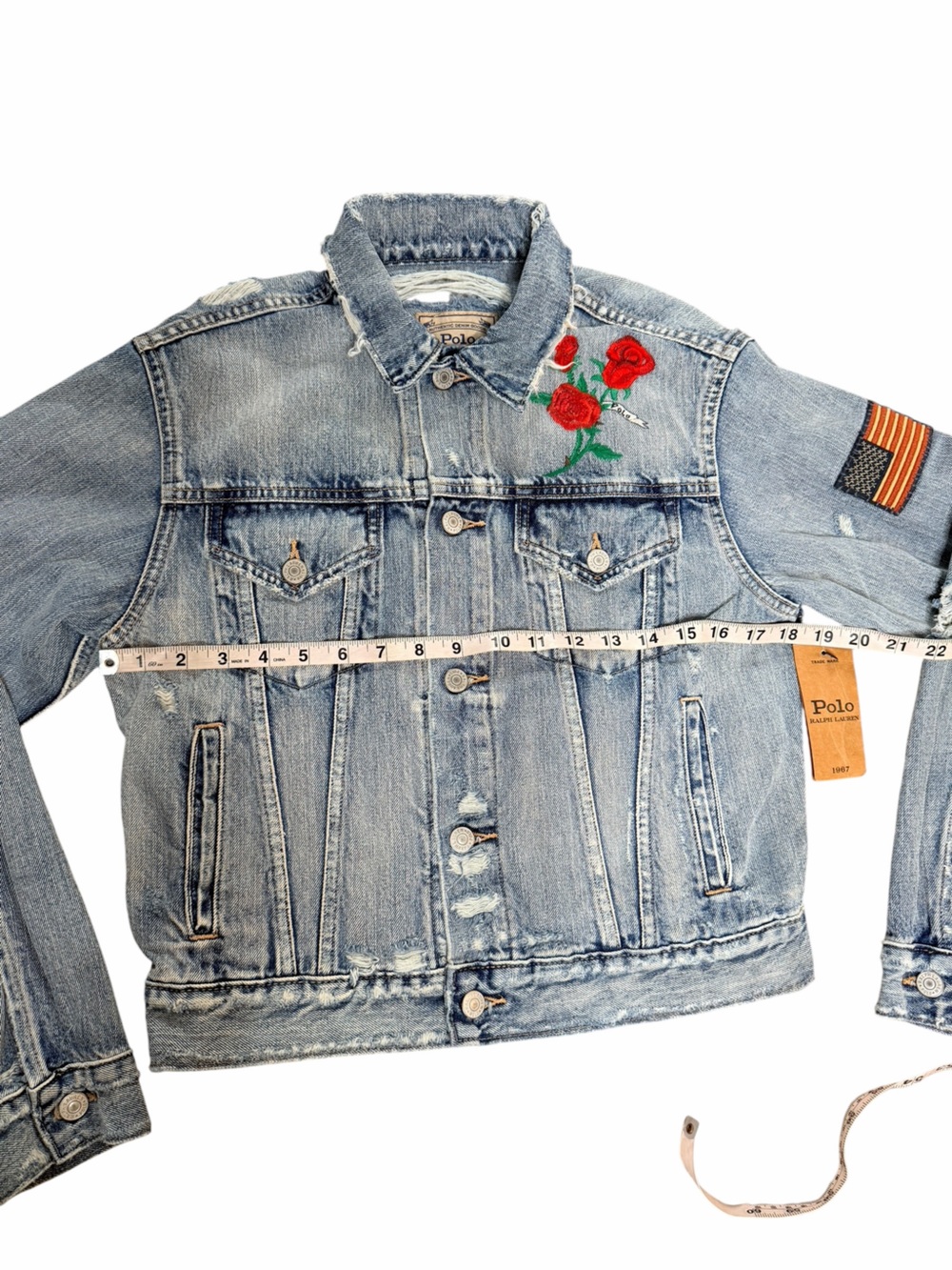 NWT Polo Ralph Lauren Distressed Denim Jacket Rose Embroidered Flag Patch Small - Picture 8 of 12